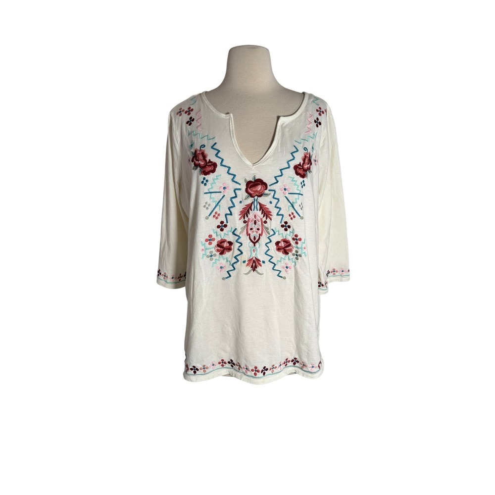 Woman Within Cream Floral Embroidered 3/4 Sleeve Split Neck Tunic Top Large‎